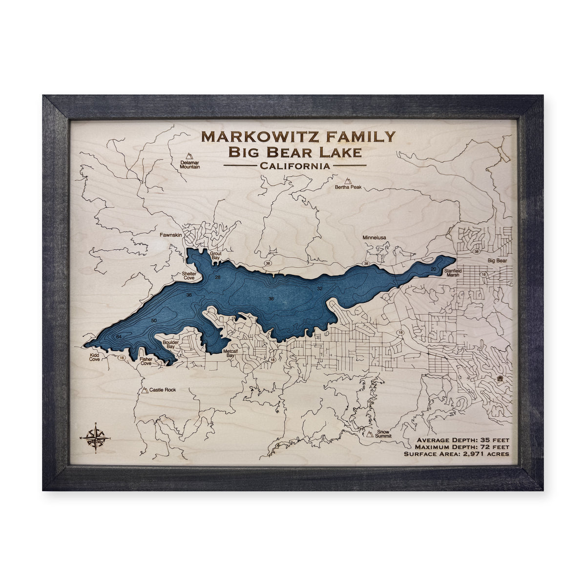 Big Bear Markowitz wood map — single layer with engraved contours, white background