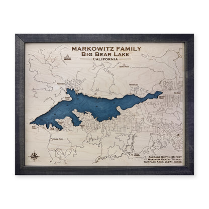 Big Bear Markowitz wood map — single layer with engraved contours, white background
