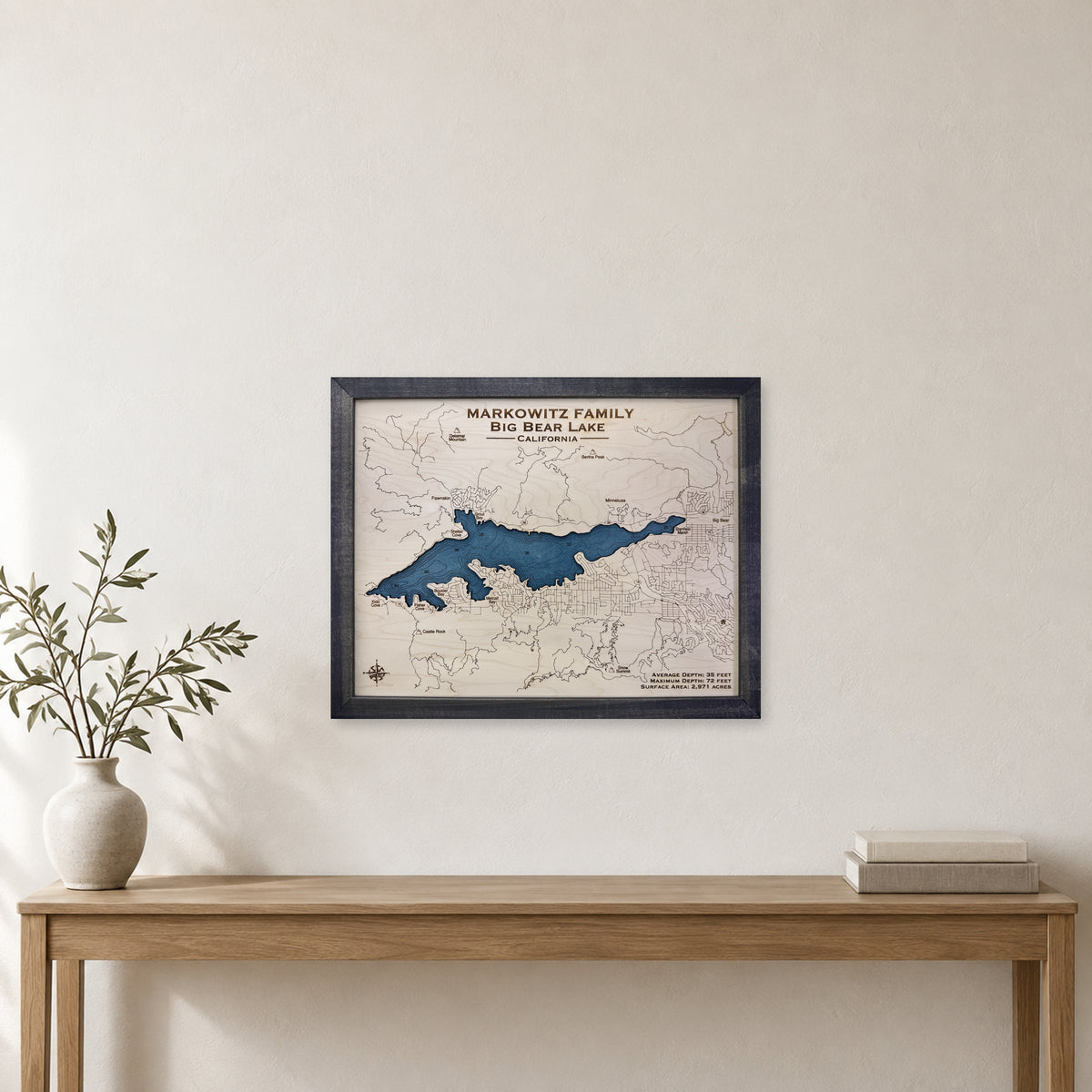 Big Bear Markowitz wood map — single layer with engraved contours, staged room mockup