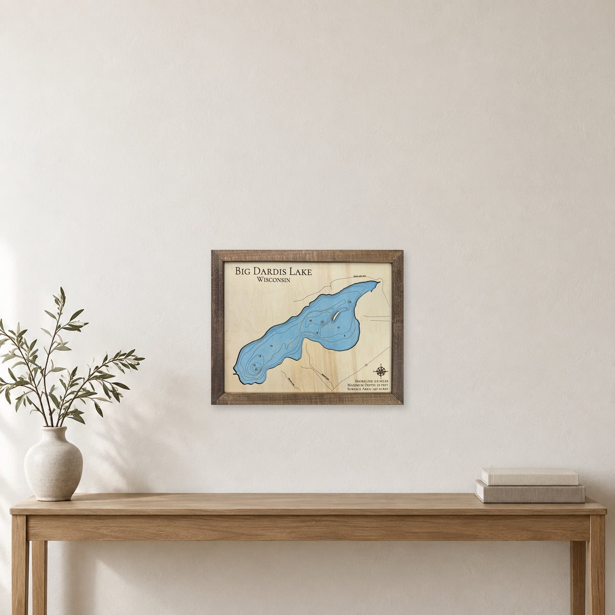 Big Dardis Engraved wood map — single layer with engraved contours, staged room mockup