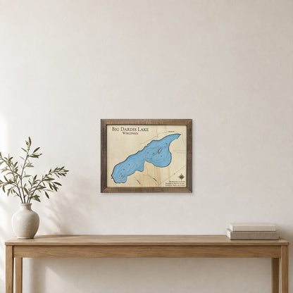 Big Dardis Engraved wood map — single layer with engraved contours, staged room mockup