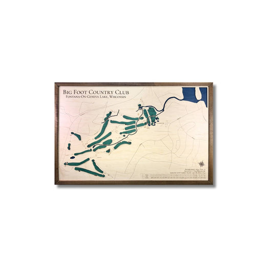 Framed wooden golf map of Big Foot Country Club on a white background.