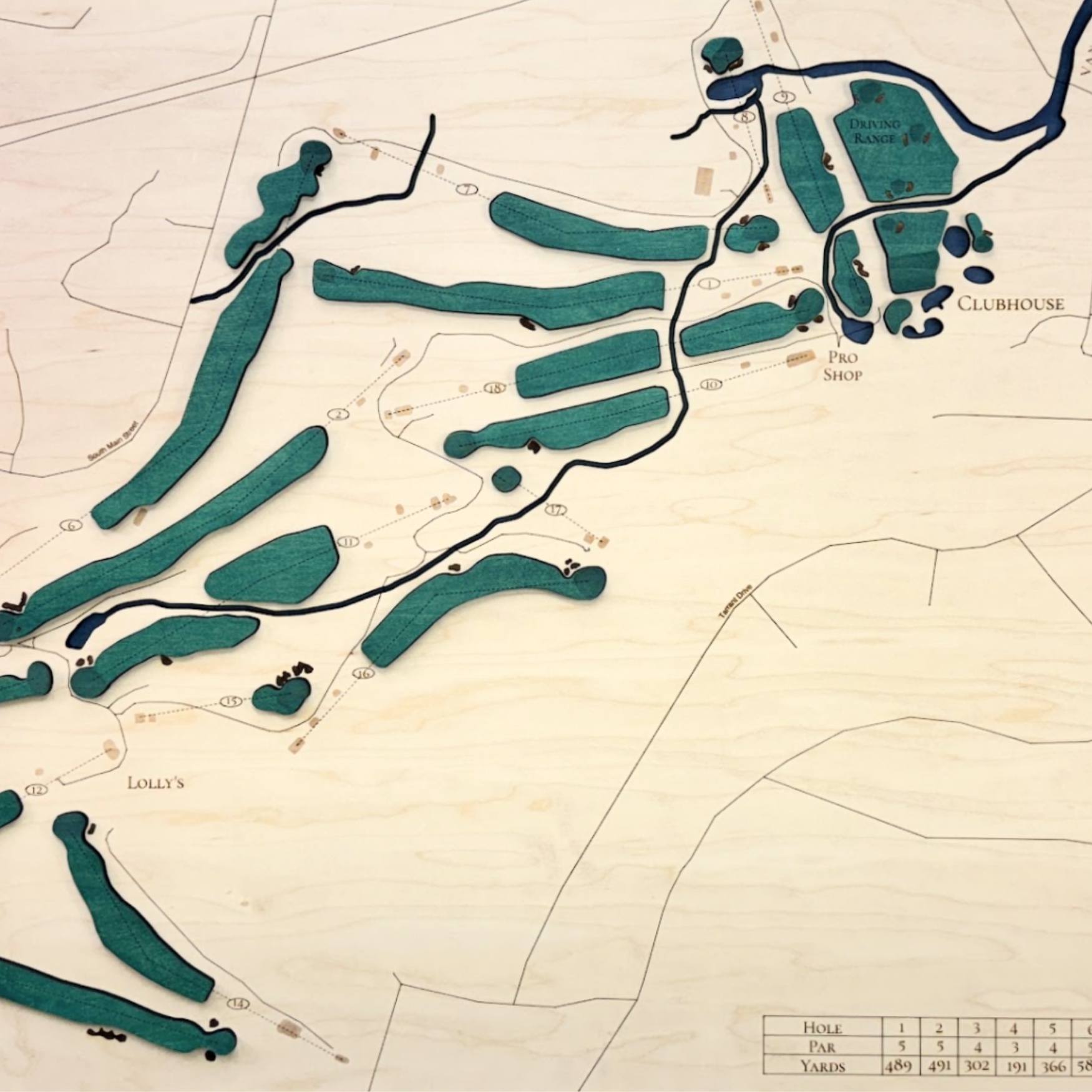 Close up of wooden golf course map with green fairways, blue water hazards, and engraved text. 