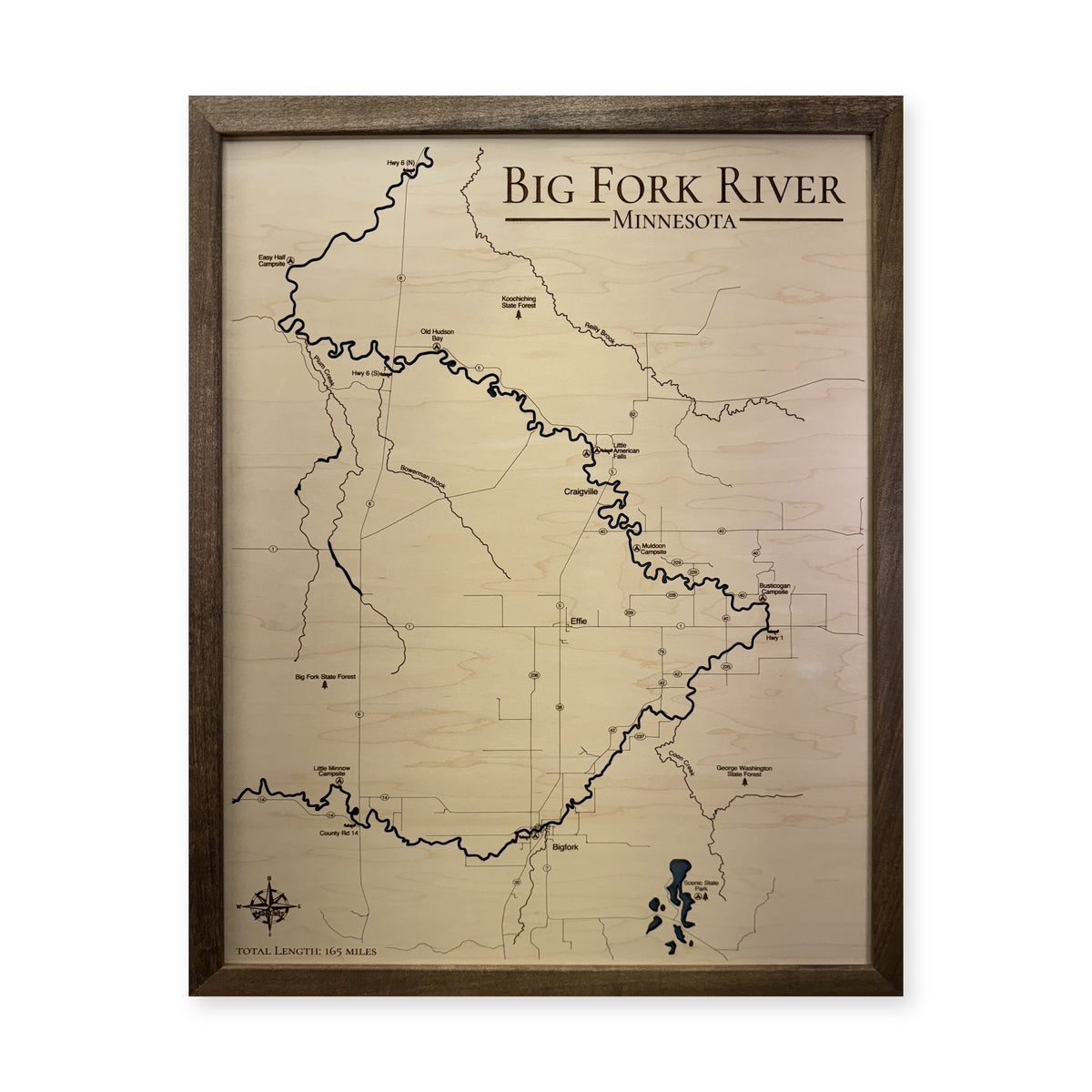 Big Fork River wood map — single layer, white background