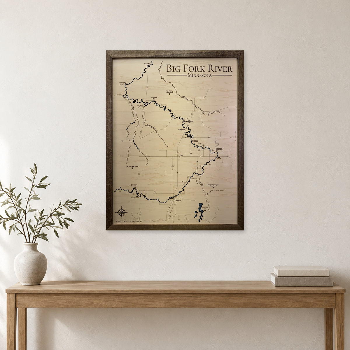Big Fork River wood map — single layer, staged room mockup