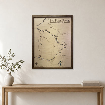 Big Fork River wood map — single layer, staged room mockup