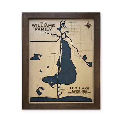 Big Lake Louisiana wood map — single layer, white background
