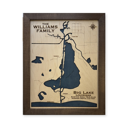 Big Lake Louisiana wood map — single layer, white background