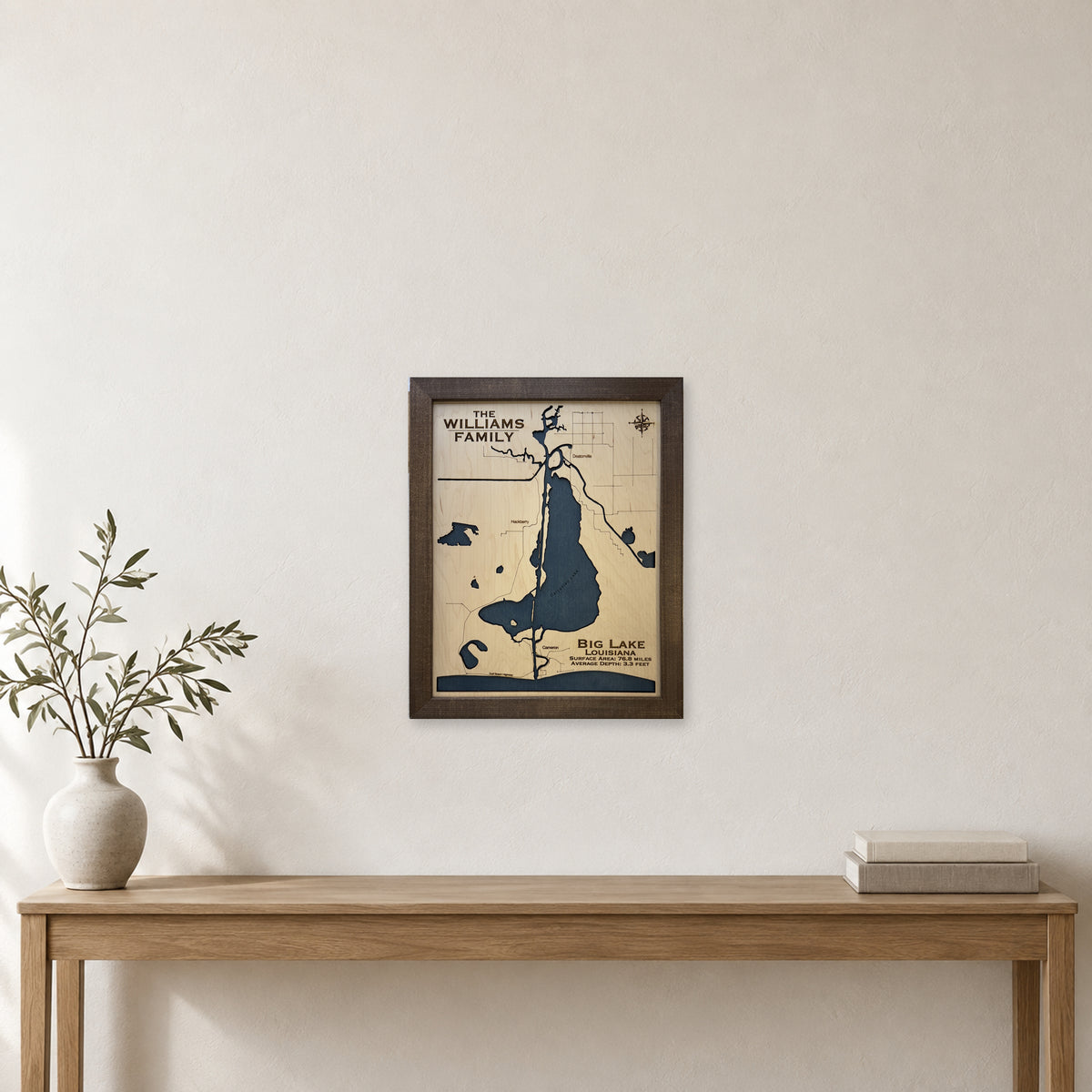 Big Lake Louisiana wood map — single layer, staged room mockup