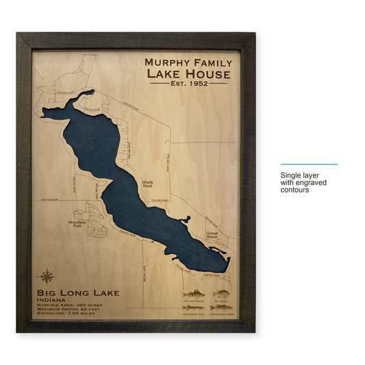 Big Long Murphy wood map — single layer with engraved contours, layer option shown