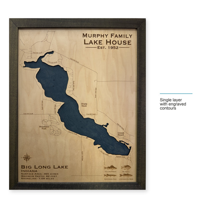 Big Long Murphy wood map — single layer with engraved contours, layer option shown