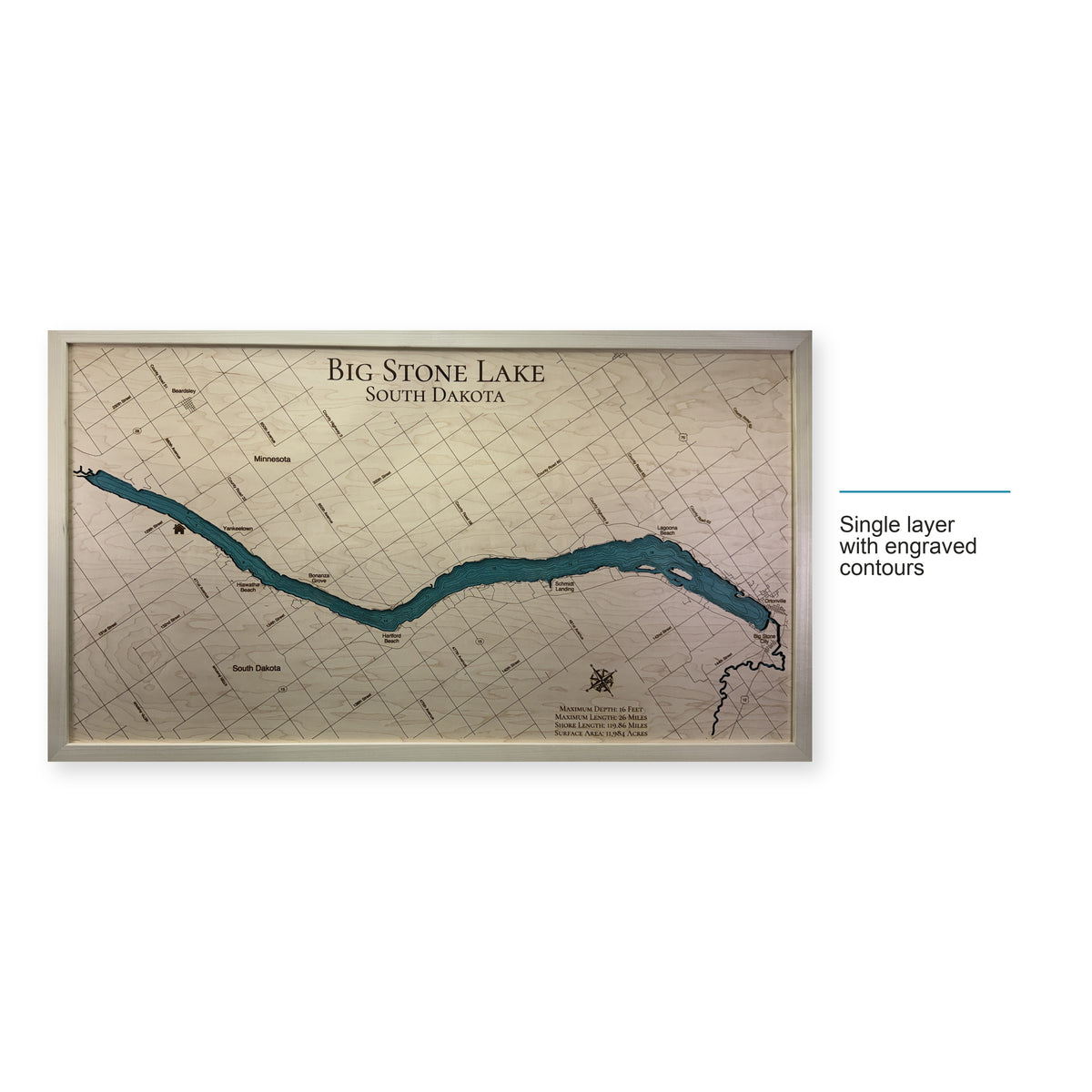 Big Stone Carl wood map — single layer with engraved contours, layer option shown