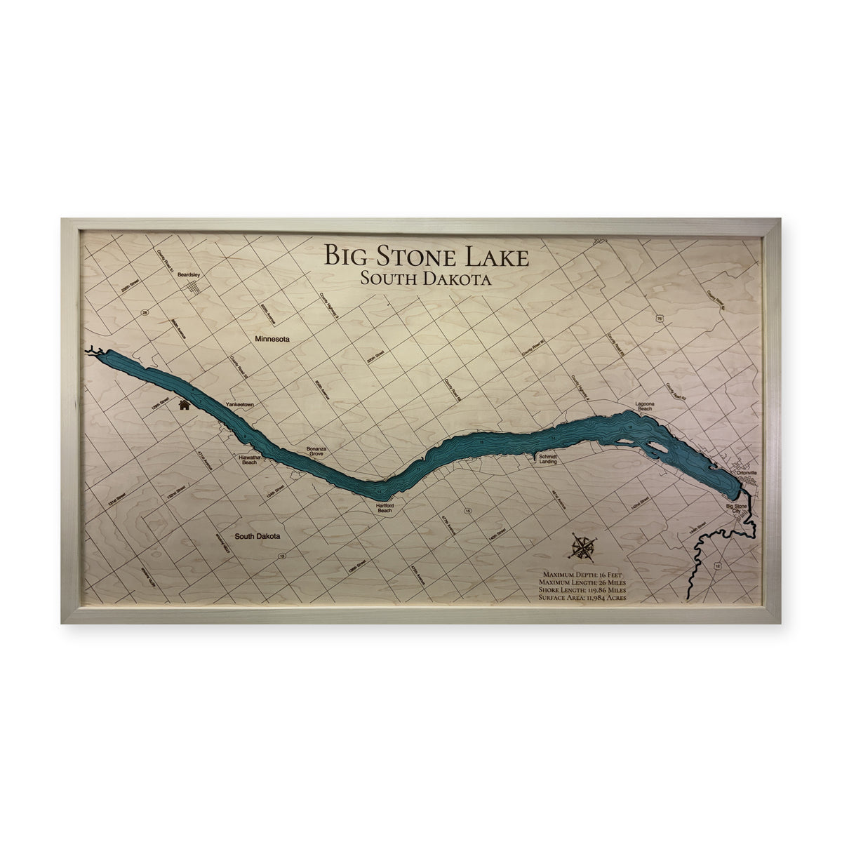 Big Stone Carl wood map — single layer with engraved contours, white background