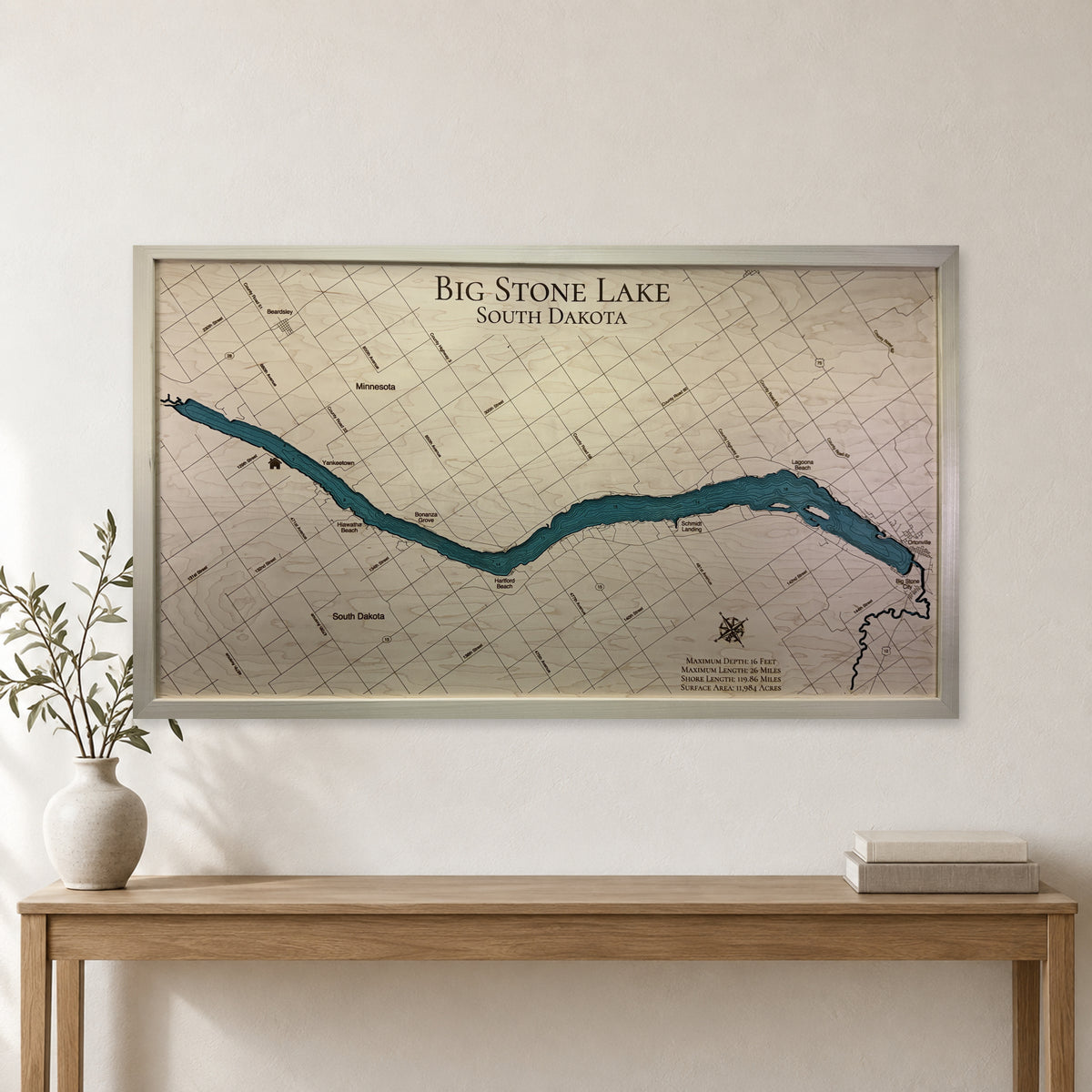 Big Stone Carl wood map — single layer with engraved contours, staged room mockup