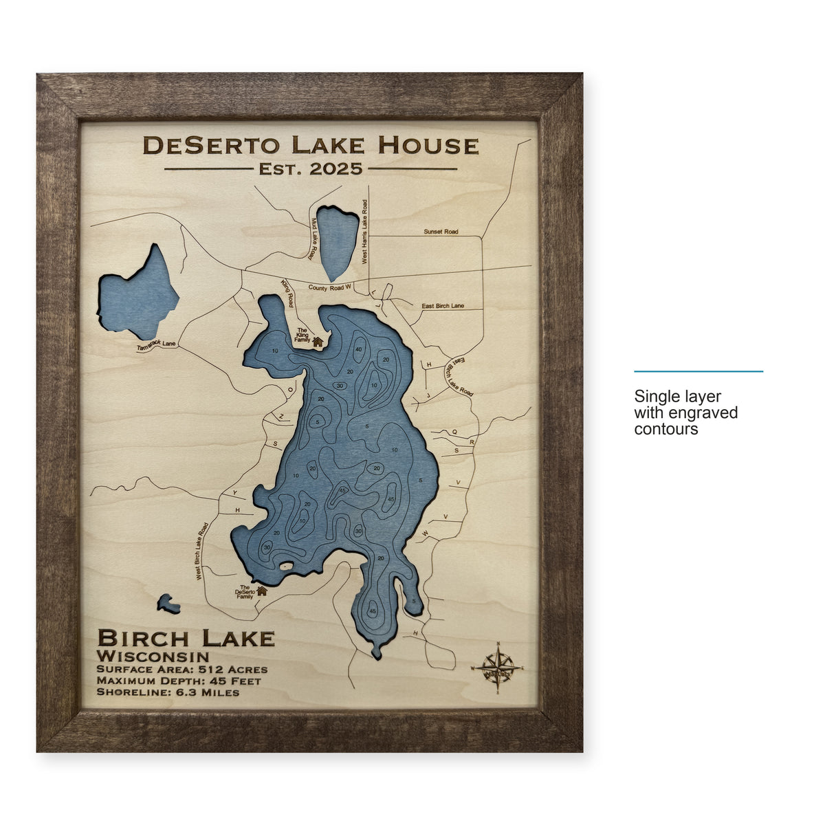 Birch Deserto wood map — single layer with engraved contours, layer option shown