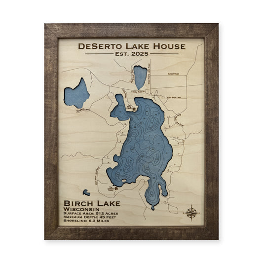 Birch Deserto wood map — single layer with engraved contours, white background