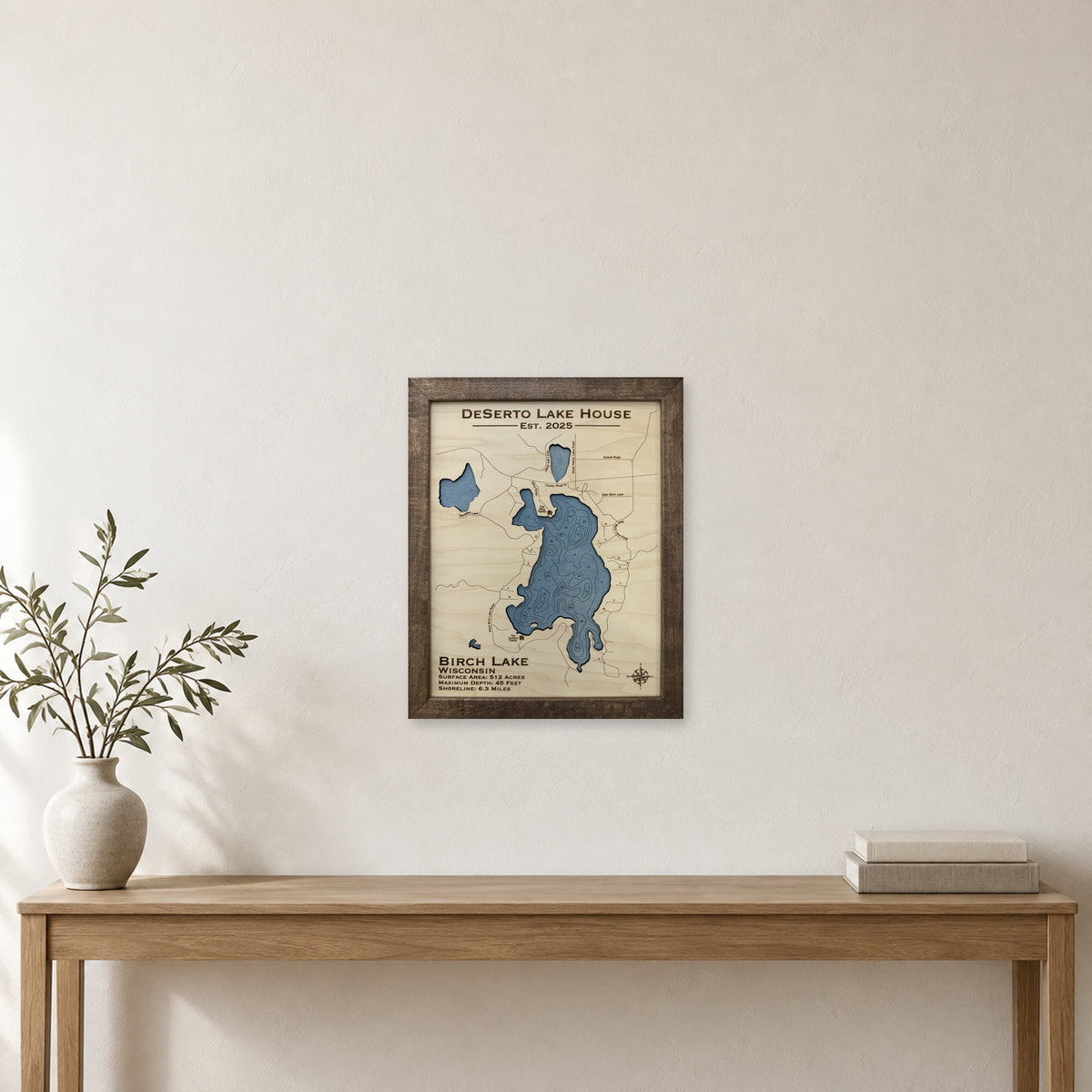 Birch Deserto wood map — single layer with engraved contours, staged room mockup