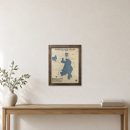 Birch Deserto wood map — single layer with engraved contours, staged room mockup