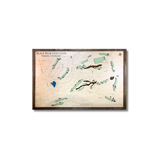 Framed  wooden map of Black Bear Golf Club in Parker, Colorado on a white background.