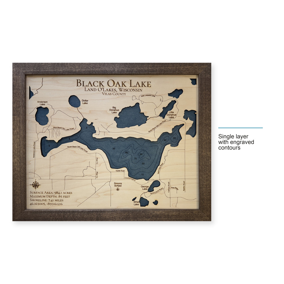 Black Oak Lake wood map — single layer with engraved contours, layer option shown