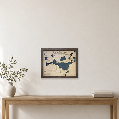Black Oak Lake wood map — single layer with engraved contours, staged room mockup