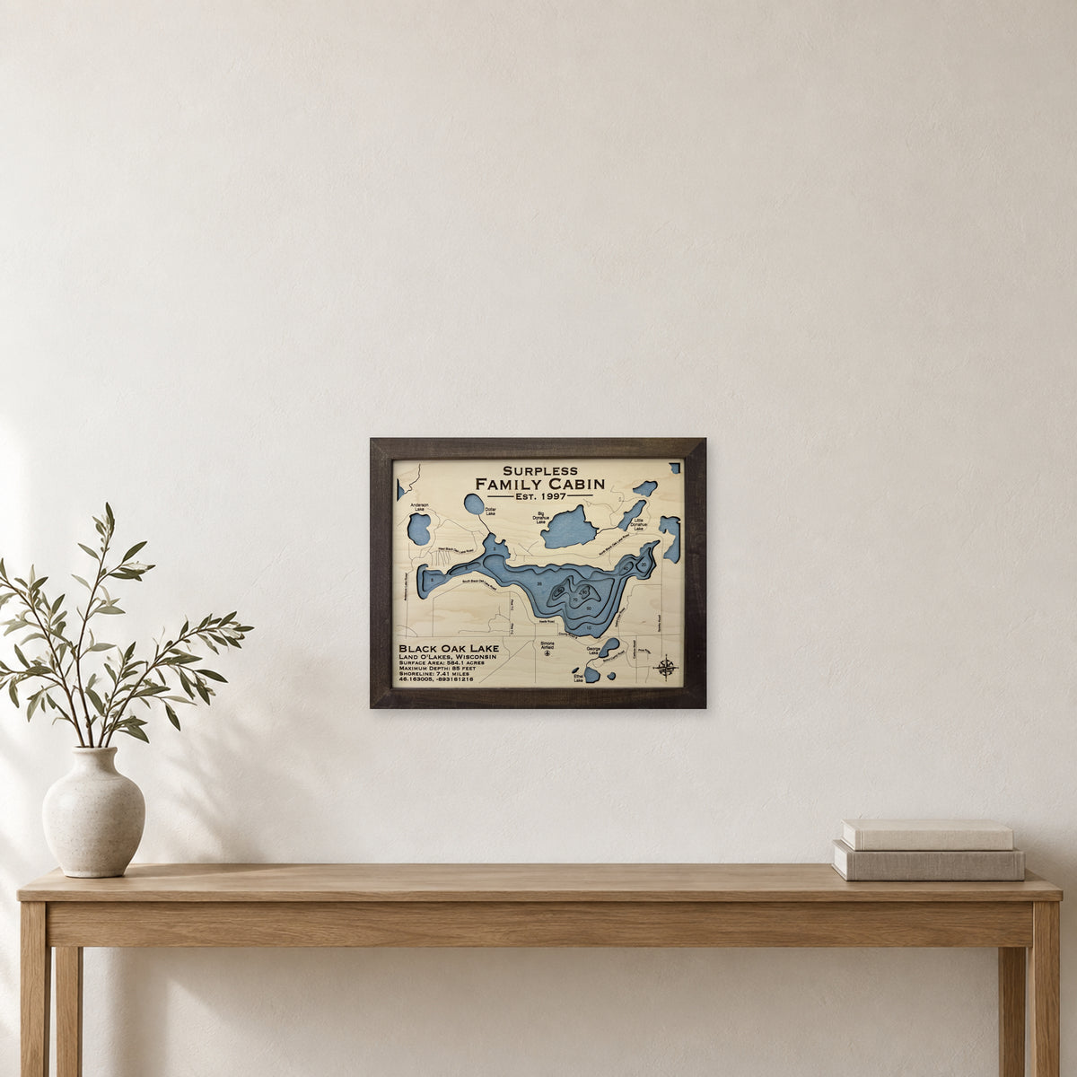 Black Oak Surpless wood map — multilayer, staged room mockup
