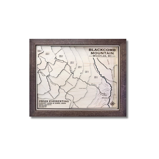 Framed 3D wooden topographic map of Blackcomb Mountain in Whistler, BC on a white background.