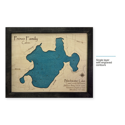 Blackwater Provo wood map — single layer with engraved contours, layer option shown