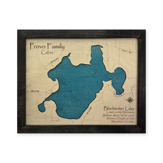 Blackwater Provo wood map — single layer with engraved contours, white background