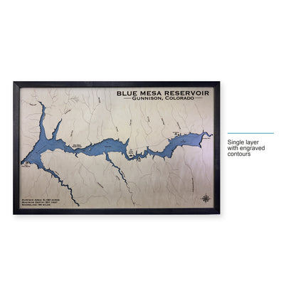 Blue Mesa Reservoir wood map — single layer with engraved contours, layer option shown