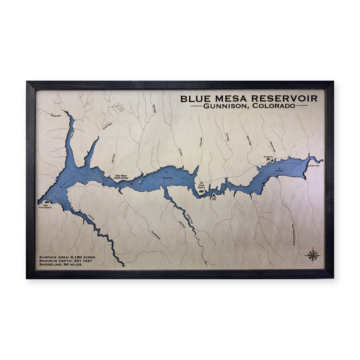 Blue Mesa Reservoir wood map — single layer with engraved contours, white background