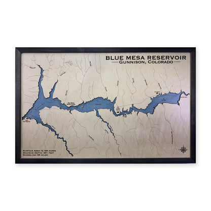 Blue Mesa Reservoir wood map — single layer with engraved contours, white background