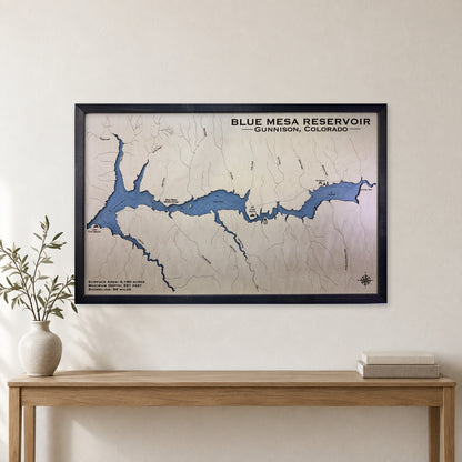 Blue Mesa Reservoir wood map — single layer with engraved contours, staged room mockup