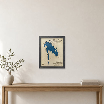 Bob Breeze wood map — single layer with engraved contours, staged room mockup
