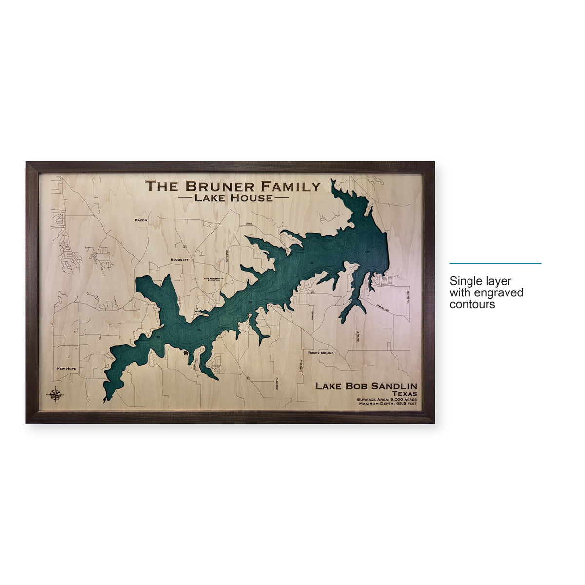 Bob Sandlin Bruner wood map — single layer with engraved contours, layer option shown