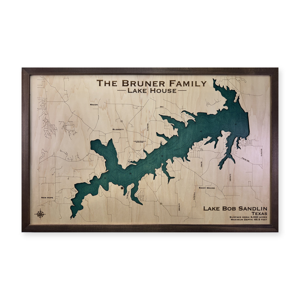 Bob Sandlin Bruner wood map — single layer with engraved contours, white background