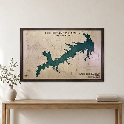 Bob Sandlin Bruner wood map — single layer with engraved contours, staged room mockup