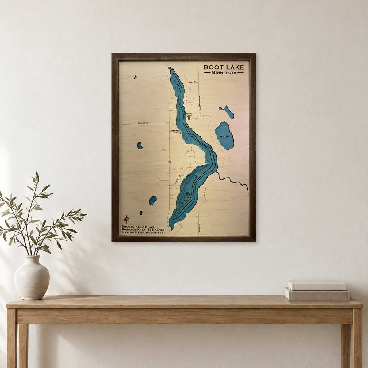 Boot Minnesota wood map — multilayer, staged room mockup