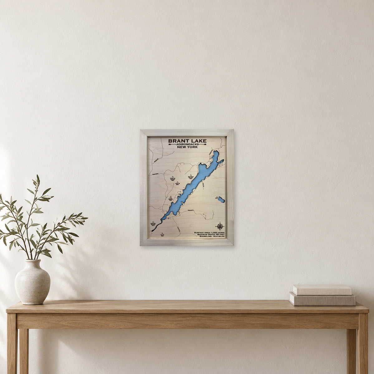 Brant Lake wood map — single layer, staged room mockup