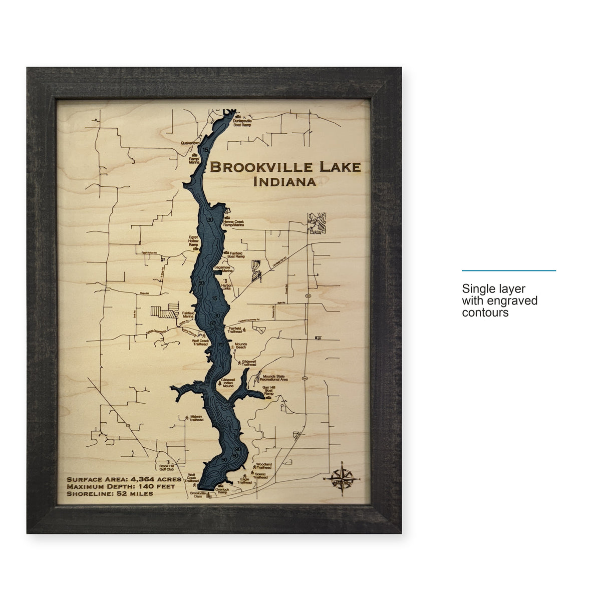 Brookville Engraved wood map — single layer with engraved contours, layer option shown