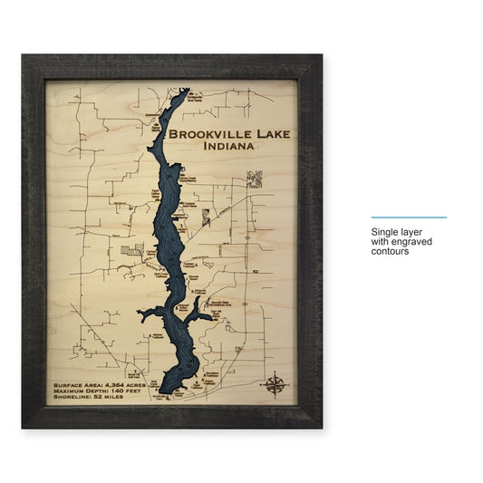 Brookville Engraved wood map — single layer with engraved contours, layer option shown