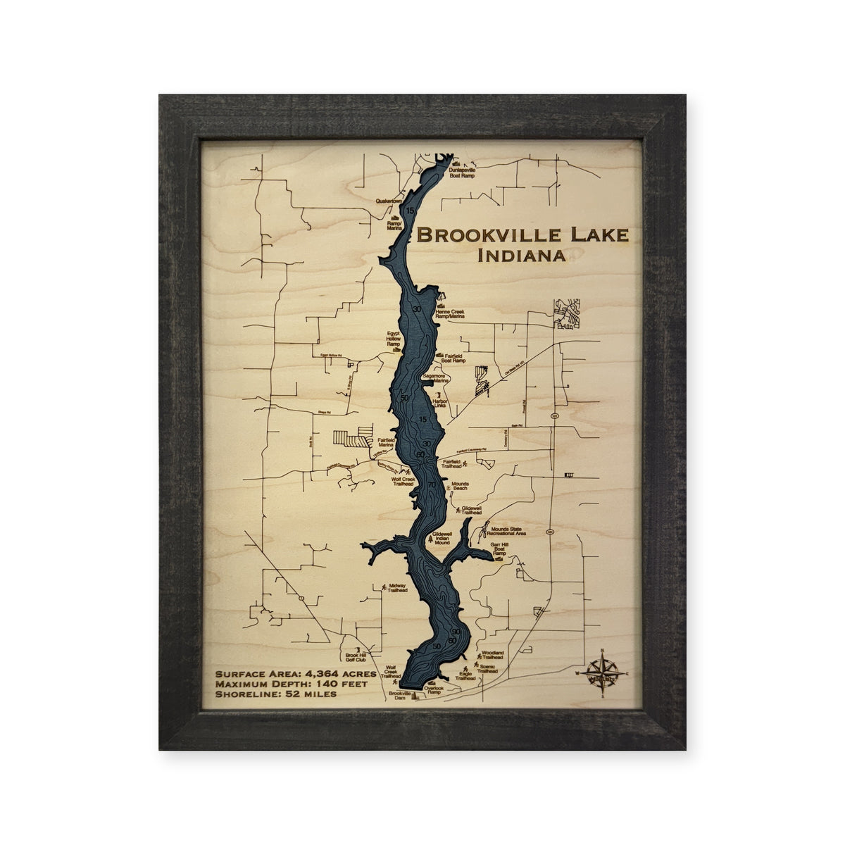 Brookville Engraved wood map — single layer with engraved contours, white background