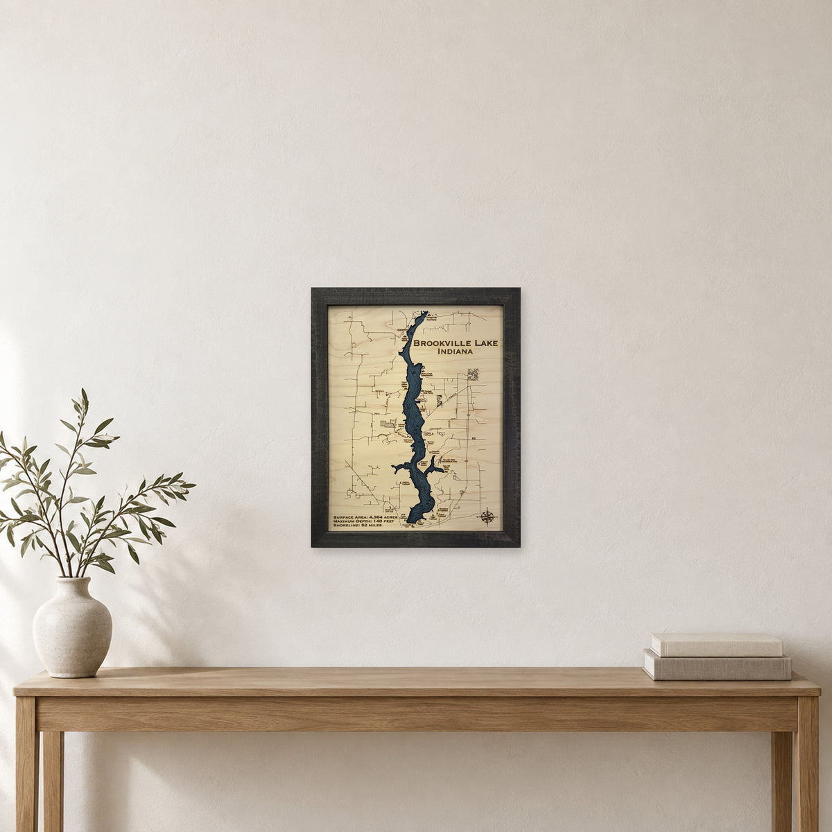 Brookville Engraved wood map — single layer with engraved contours, staged room mockup