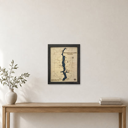 Brookville Engraved wood map — single layer with engraved contours, staged room mockup