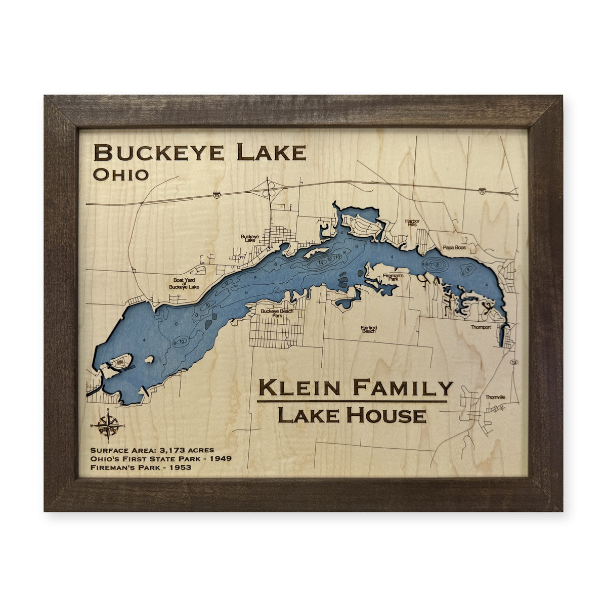 Buckeye Klein wood map — single layer with engraved contours, white background
