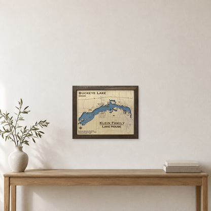 Buckeye Klein wood map — single layer with engraved contours, staged room mockup