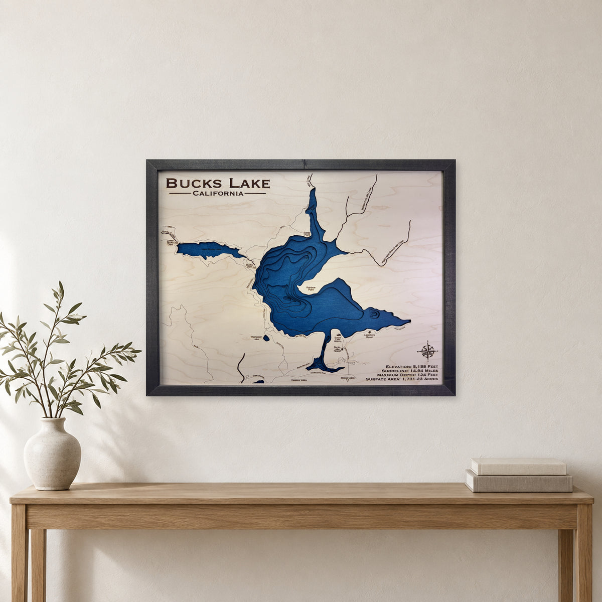 Bucks Charcoal wood map — multilayer, staged room mockup