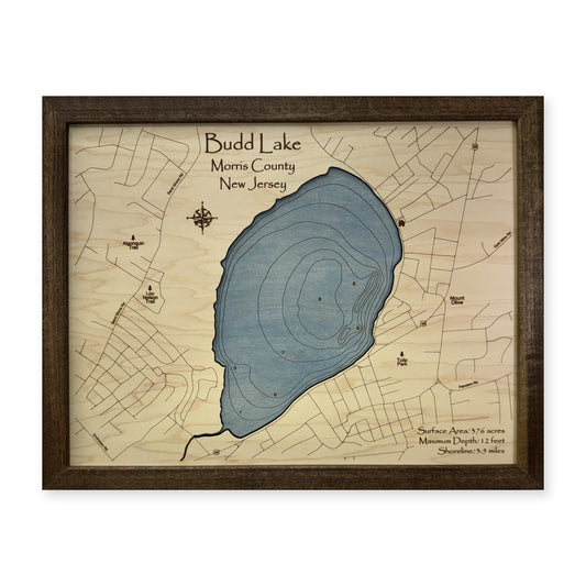 Budd Lake wood map — single layer with engraved contours, white background