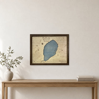 Budd Lake wood map — single layer with engraved contours, staged room mockup