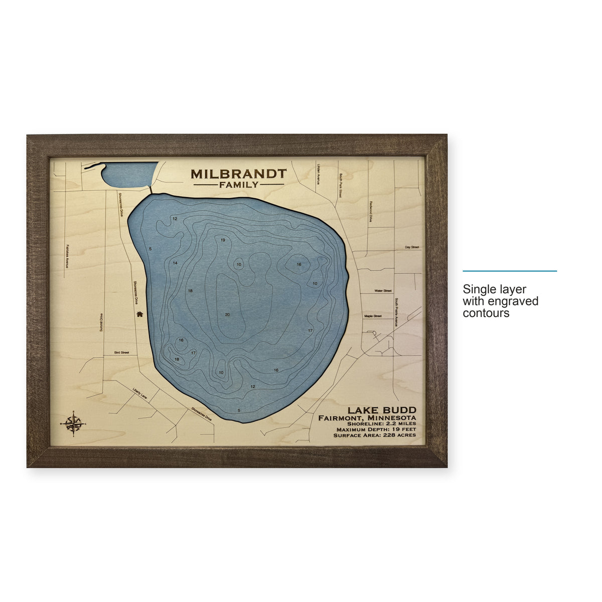Budd Milbrandt wood map — single layer with engraved contours, layer option shown